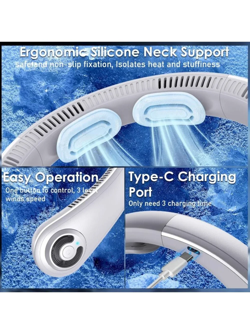 Personal Neck Fan Lightweight Cooling Rechargeable 5-Speed Quiet Gray